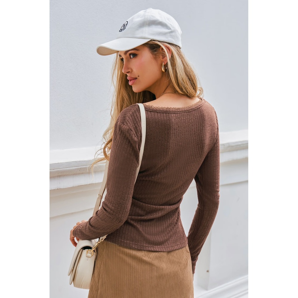 Cupshe Brown Ribbed Lace Trim Scoop Neck Long Sleeve Top Large